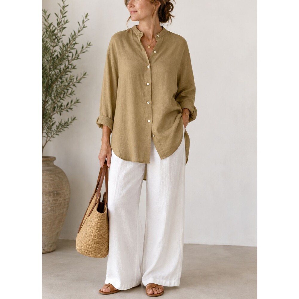 Vintage J Crew 100% Linen Tunic Shirt Button Front Camel Minimalist Hong Kong XL
